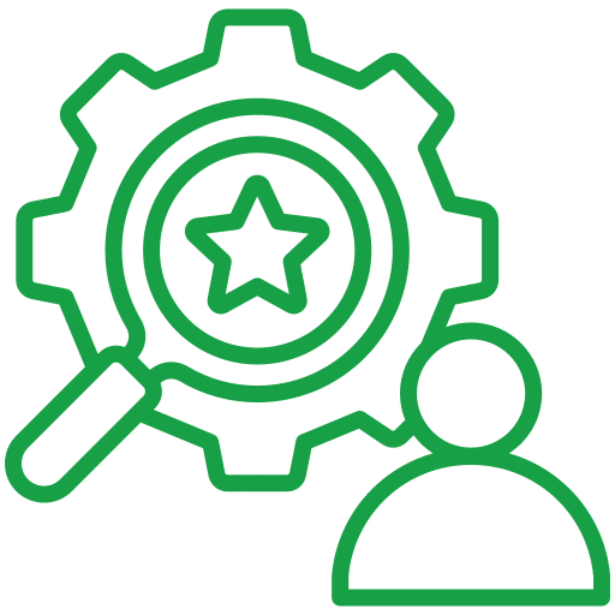Magnifying glass, gear, star, person icon.