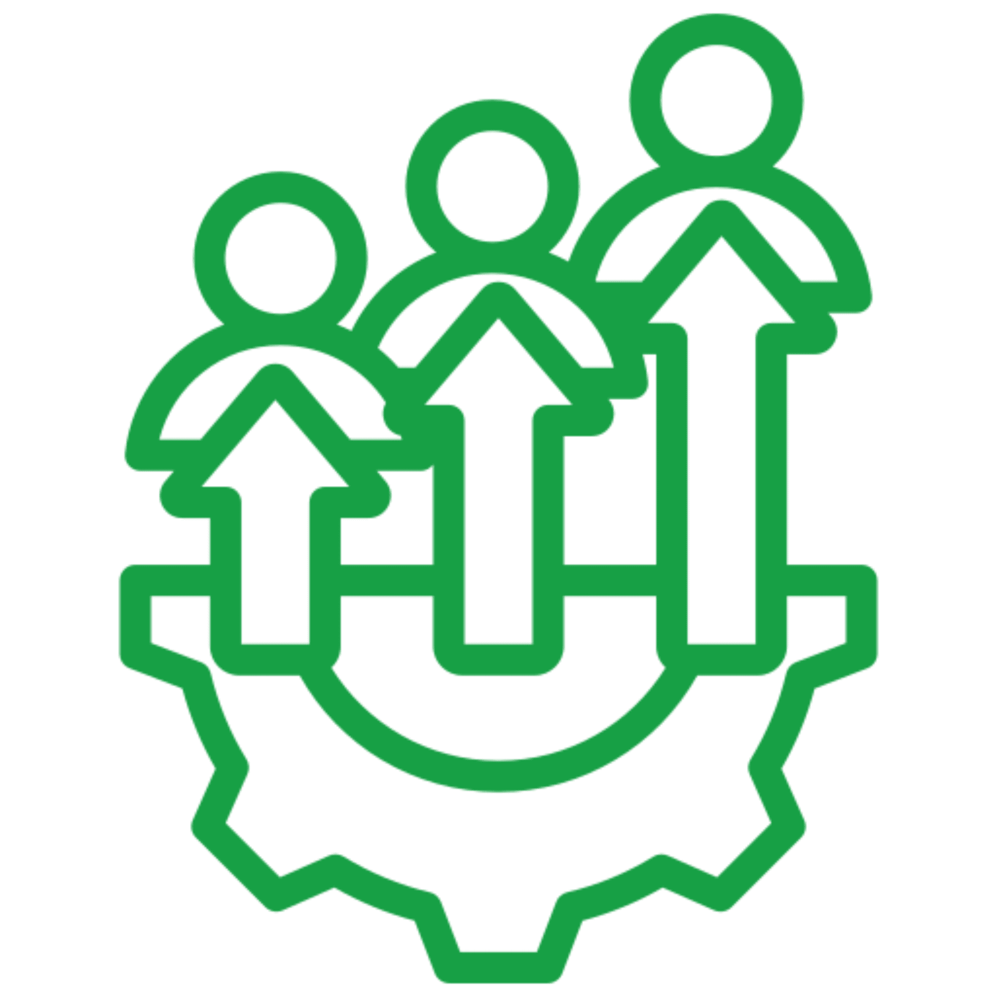 People and arrows on gear, green outline.