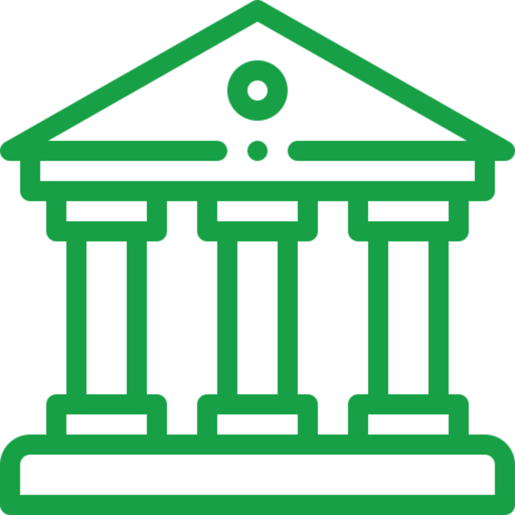 Green outline of a classical building icon.