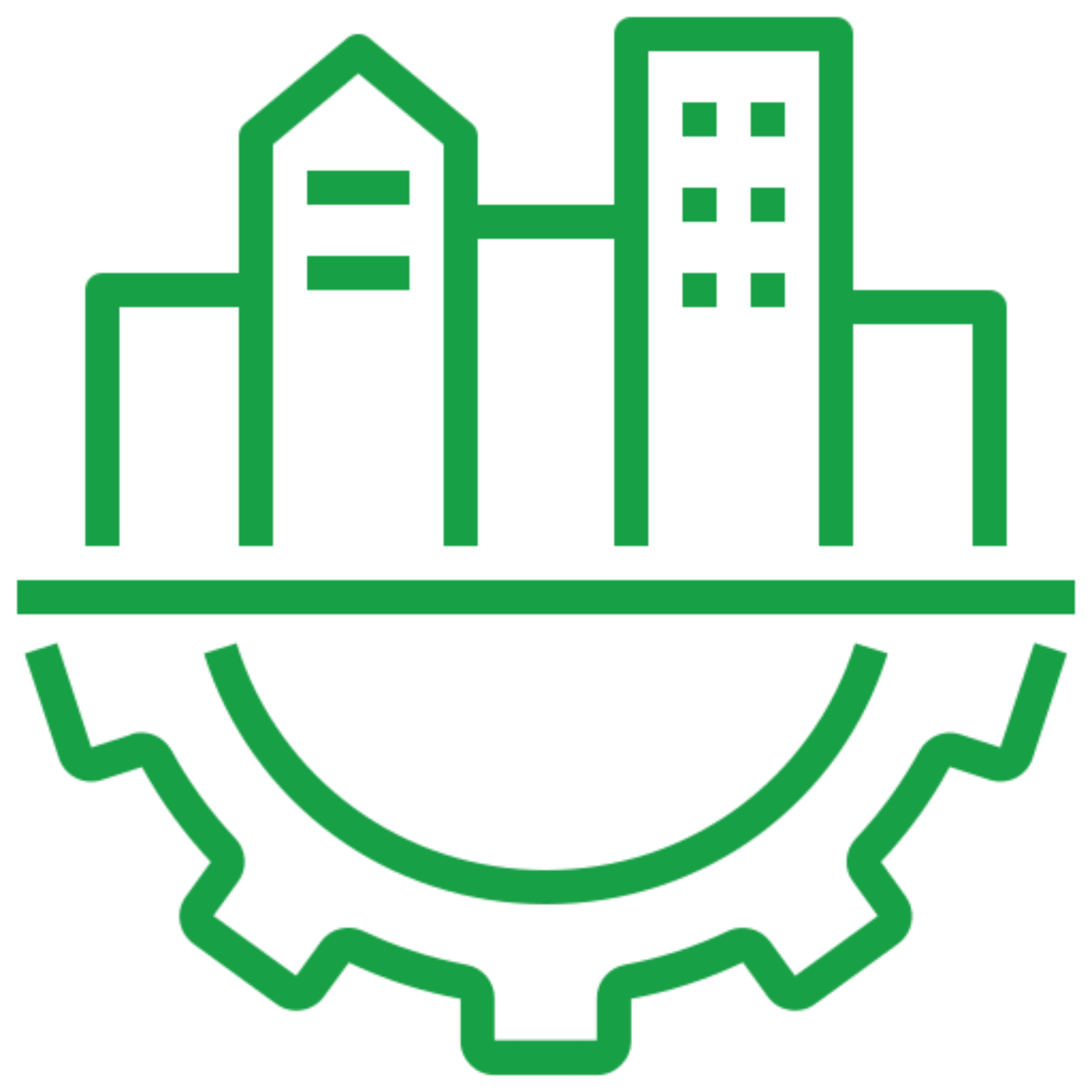 Cityscape above a gear, green outline.
