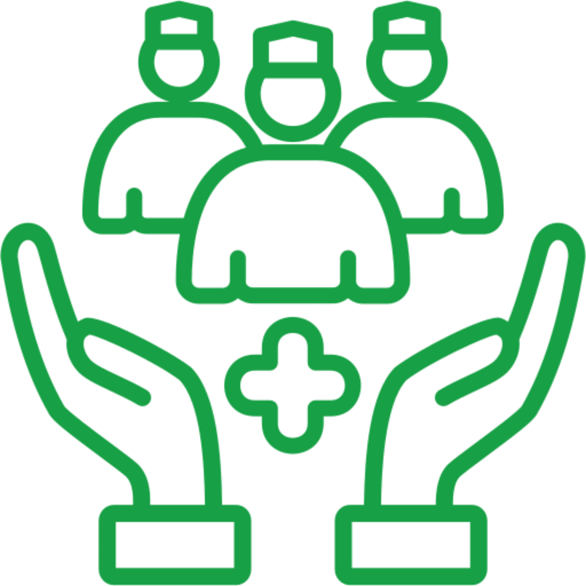 Healthcare teamwork icon with protective hands.