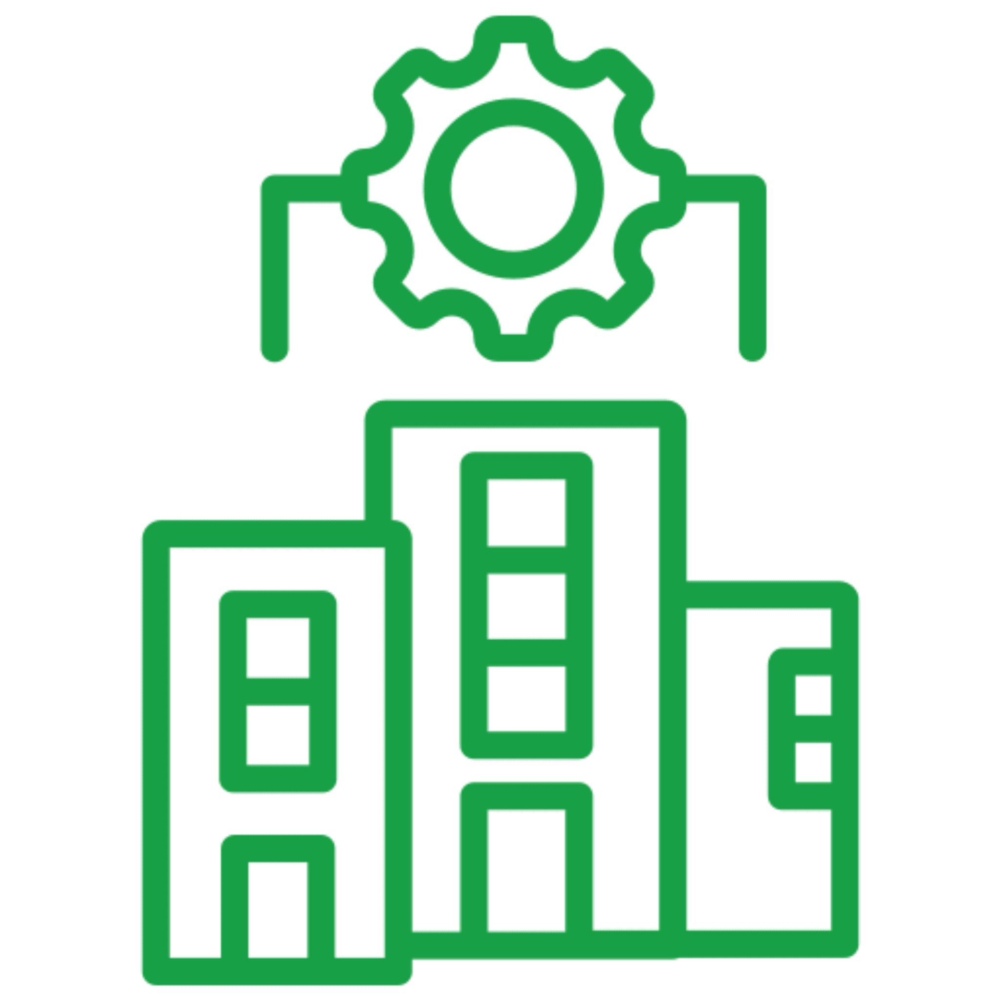 Green building with gear icon above.