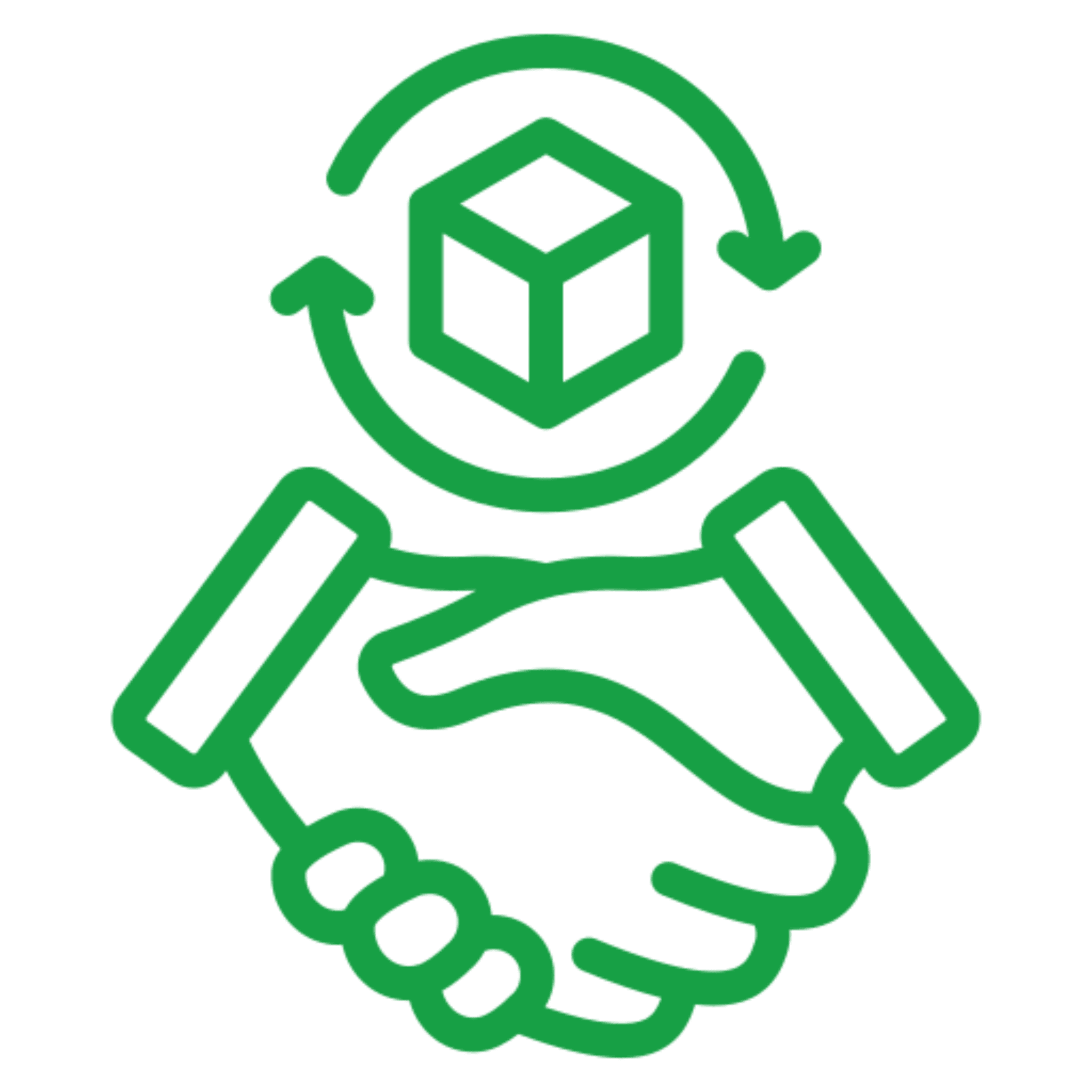 Handshake and cube with circular arrows.