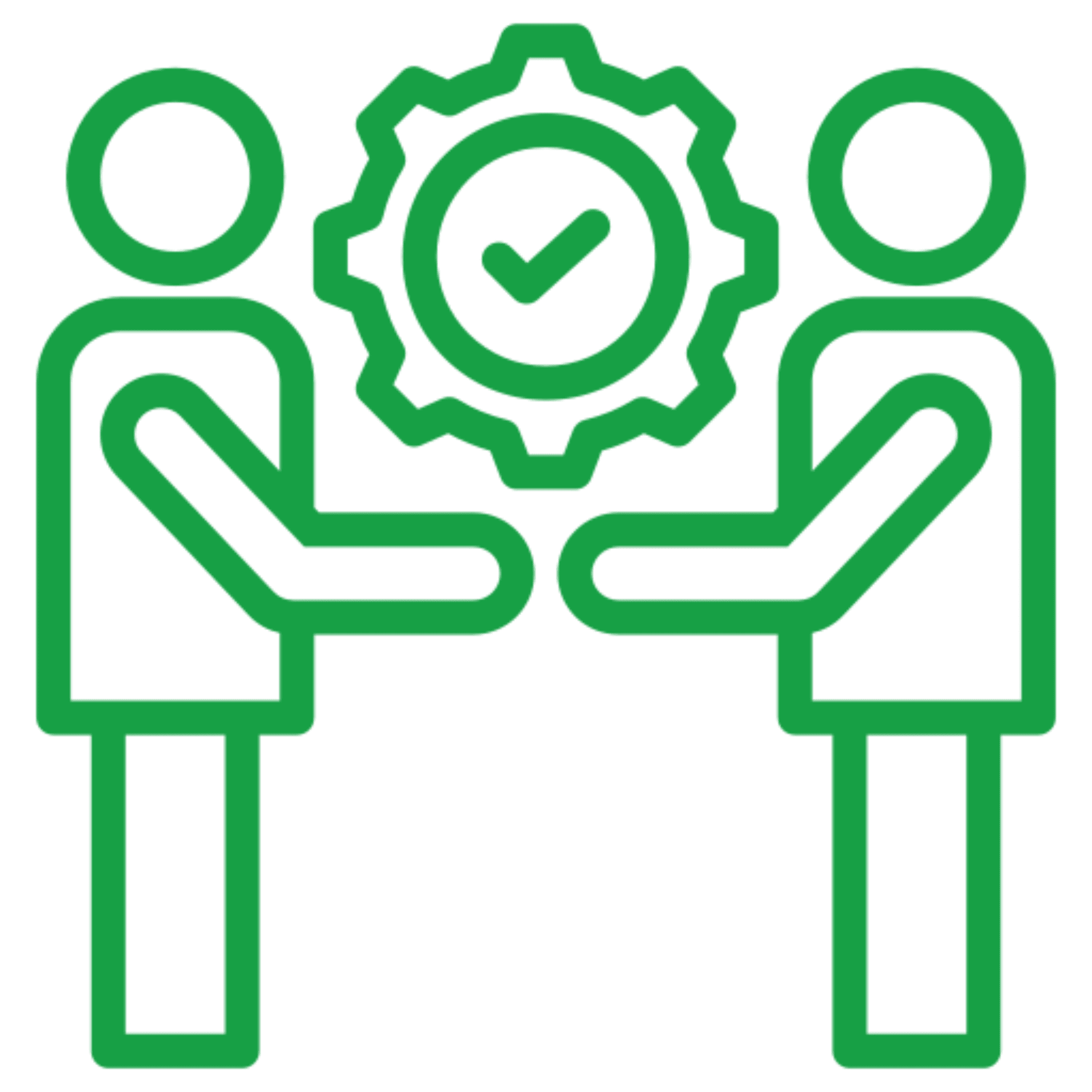 Two figures shaking hands with gear icon.