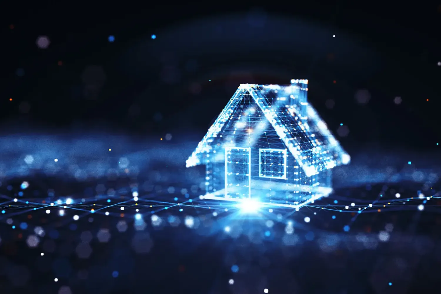 Glowing blue holographic house on digital grid